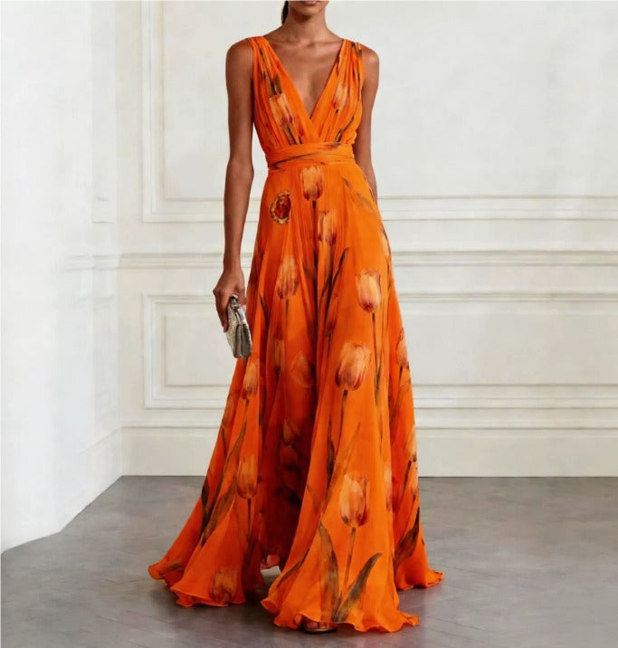 Dress Women Chiffon Floral Print V-Neck Maxi – Summer