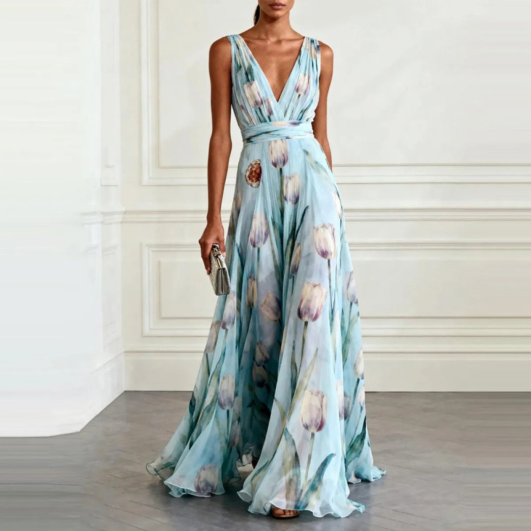 Dress Women Chiffon Floral Print V-Neck Maxi – Summer