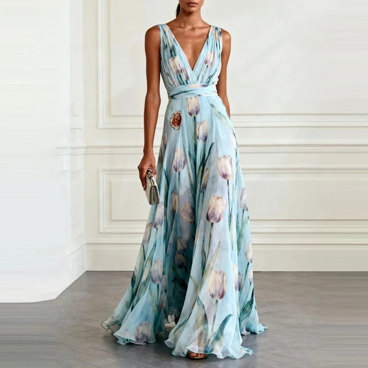 Dress Women Chiffon Floral Print V-Neck Maxi – Summer