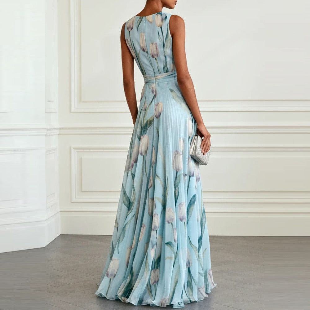 Dress Women Chiffon Floral Print V-Neck Maxi – Summer