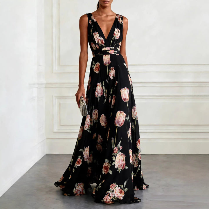 Dress Women Chiffon Floral Print V-Neck Maxi – Summer