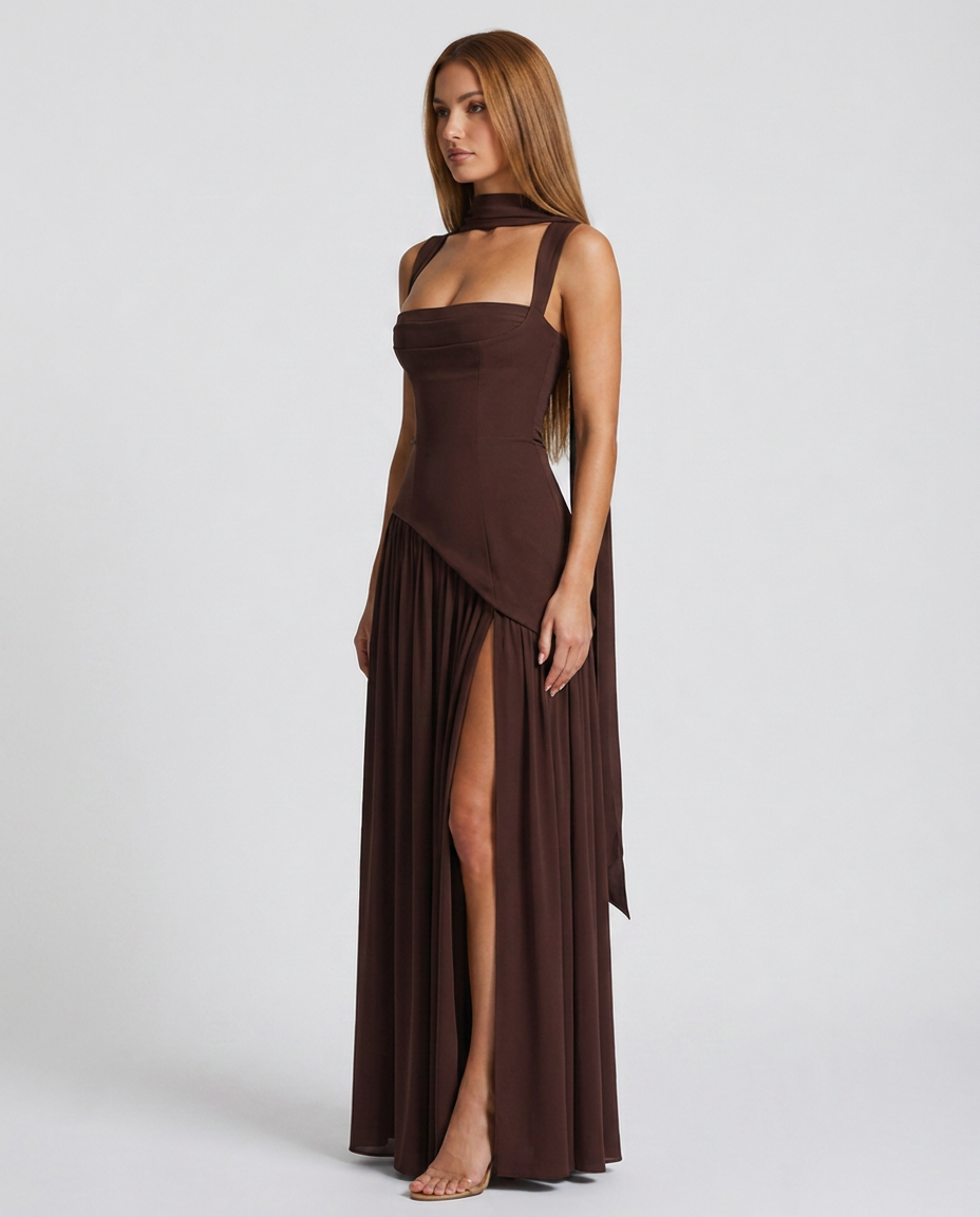 Dress Women Satin Maxi Draped Split – Wedding