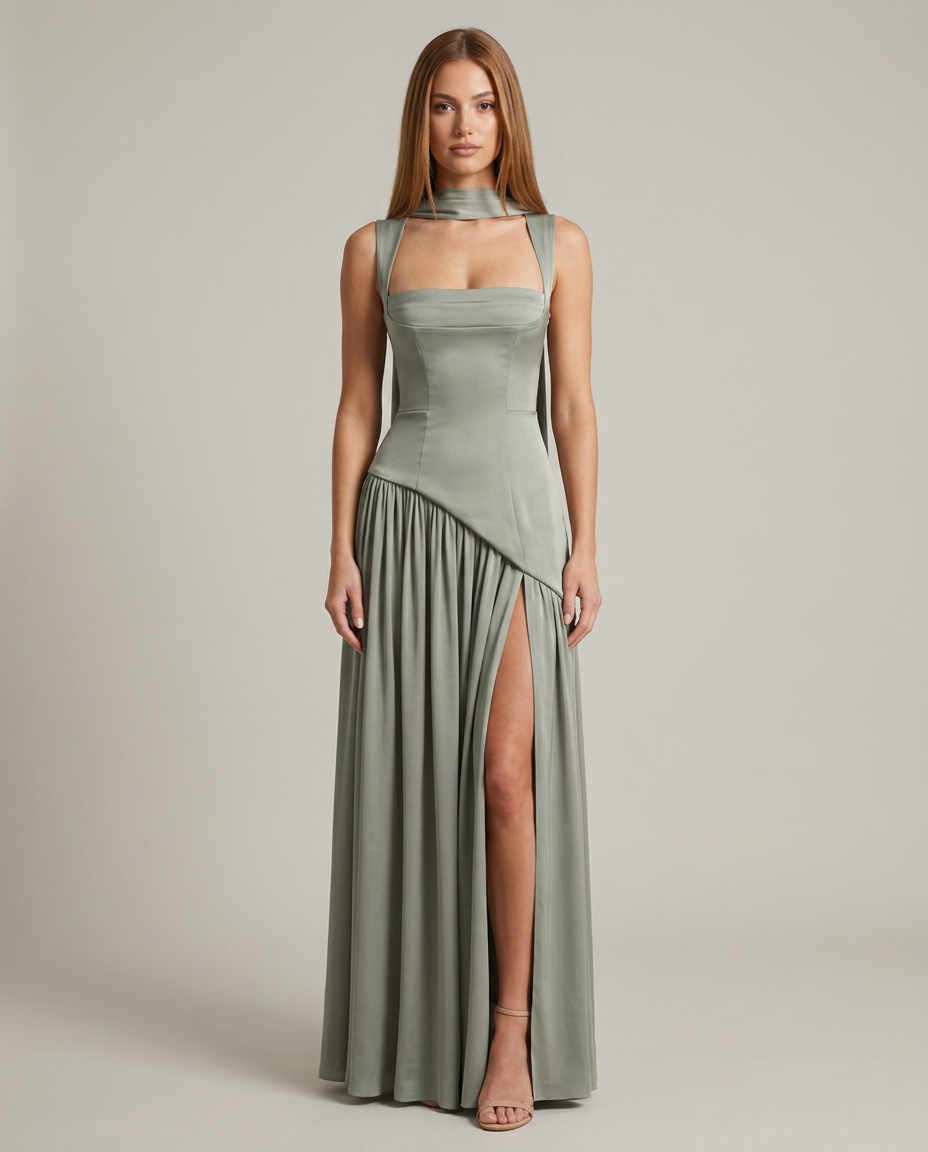 Dress Women Satin Maxi Draped Split – Wedding
