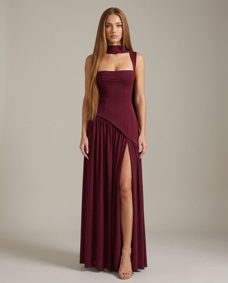 Dress Women Satin Maxi Draped Split – Wedding