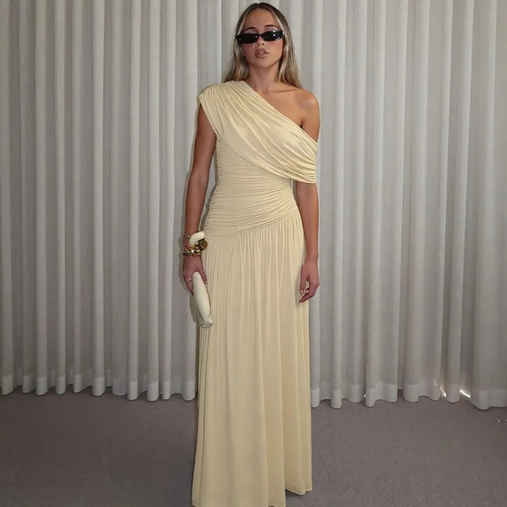 Dress Women One Shoulder Pleated Maxi – Wedding