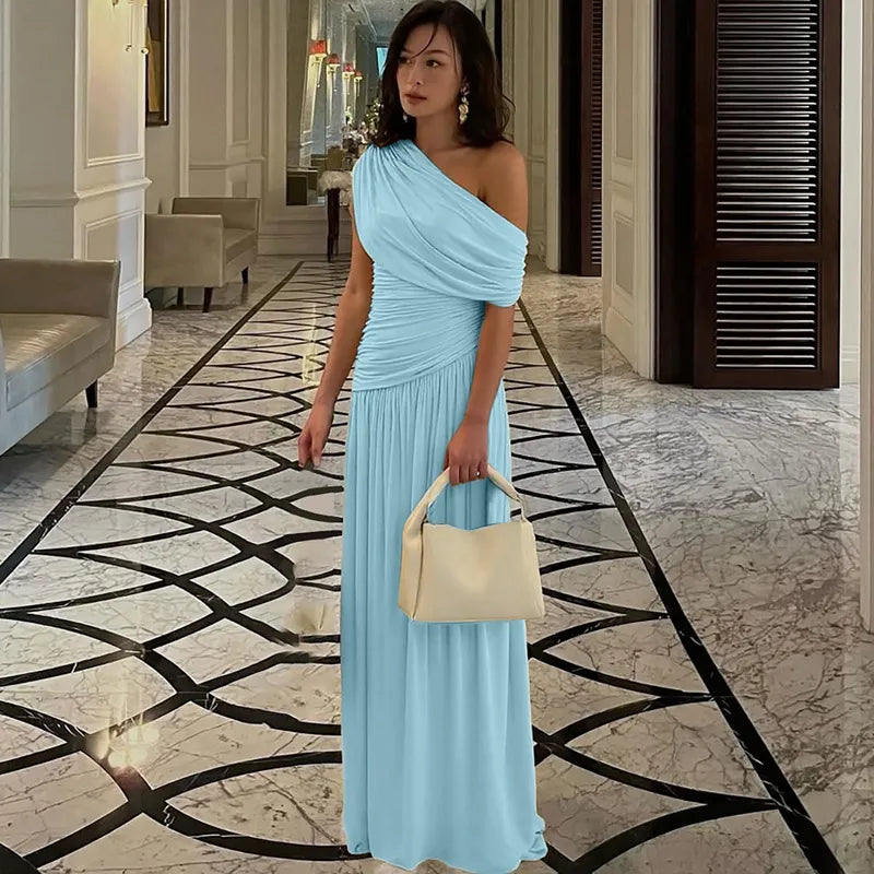 Dress Women One Shoulder Pleated Maxi – Wedding