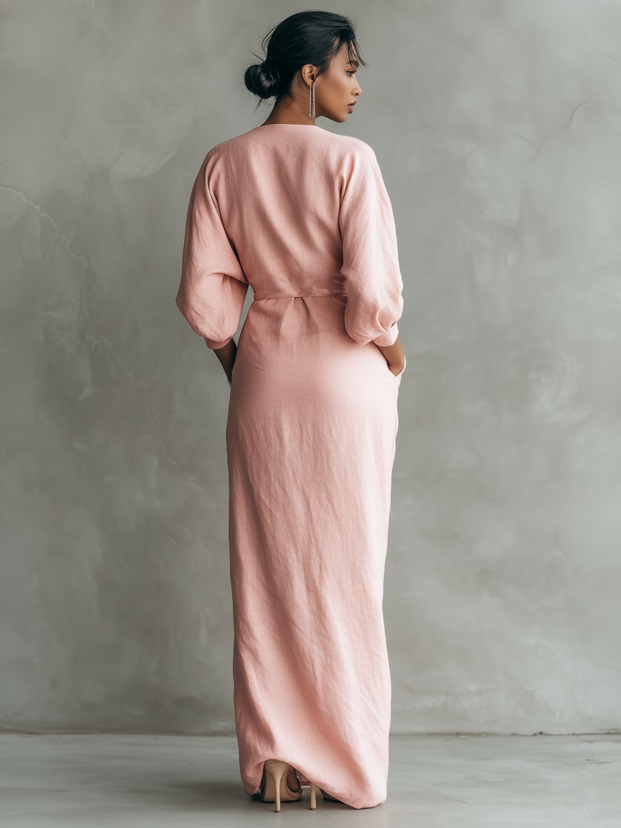Dress Women V-Neck Linen Blend Maxi – Summer