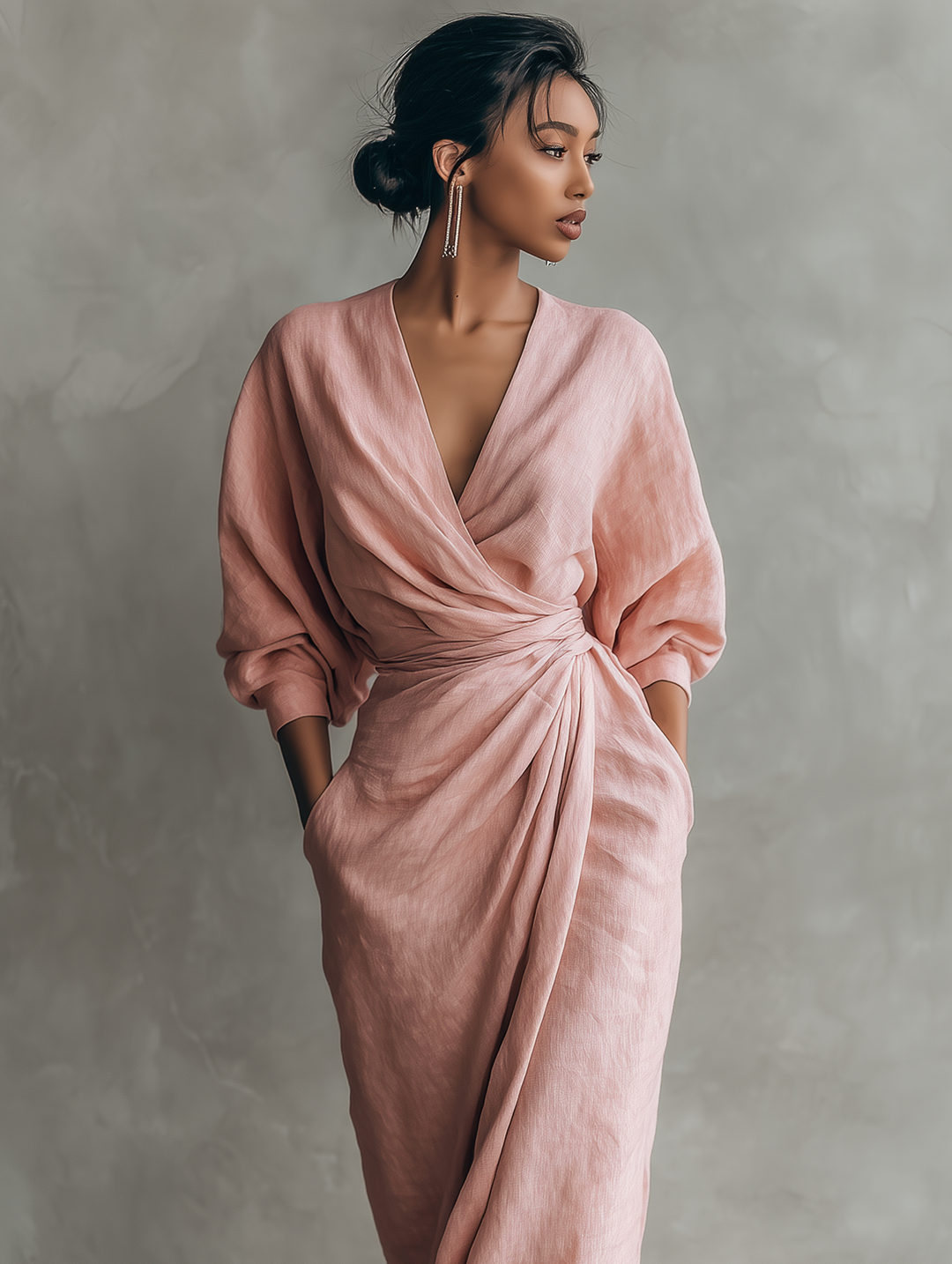 Dress Women V-Neck Linen Blend Maxi – Summer