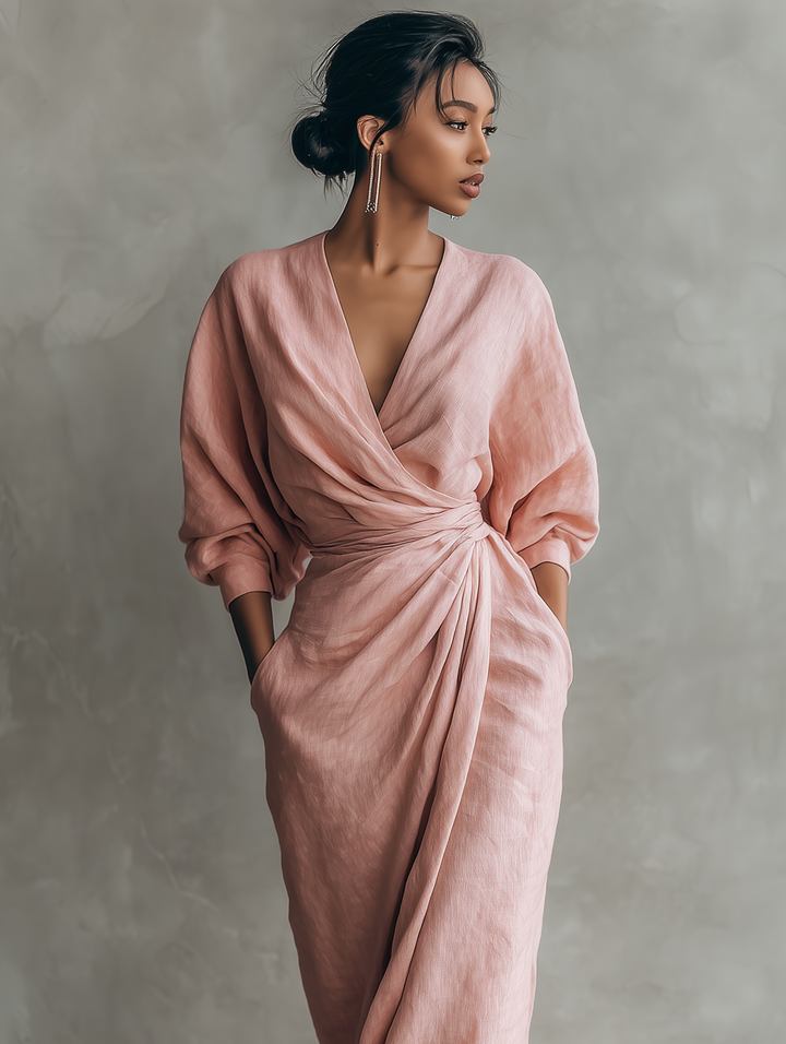 Dress Women V-Neck Linen Blend Maxi – Summer