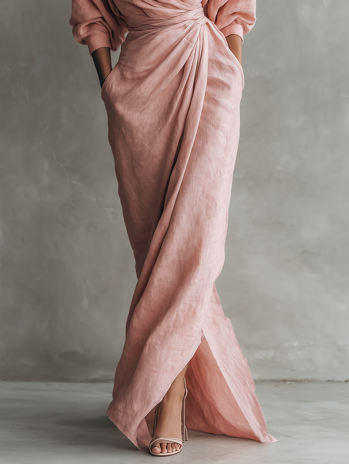 Dress Women V-Neck Linen Blend Maxi – Summer