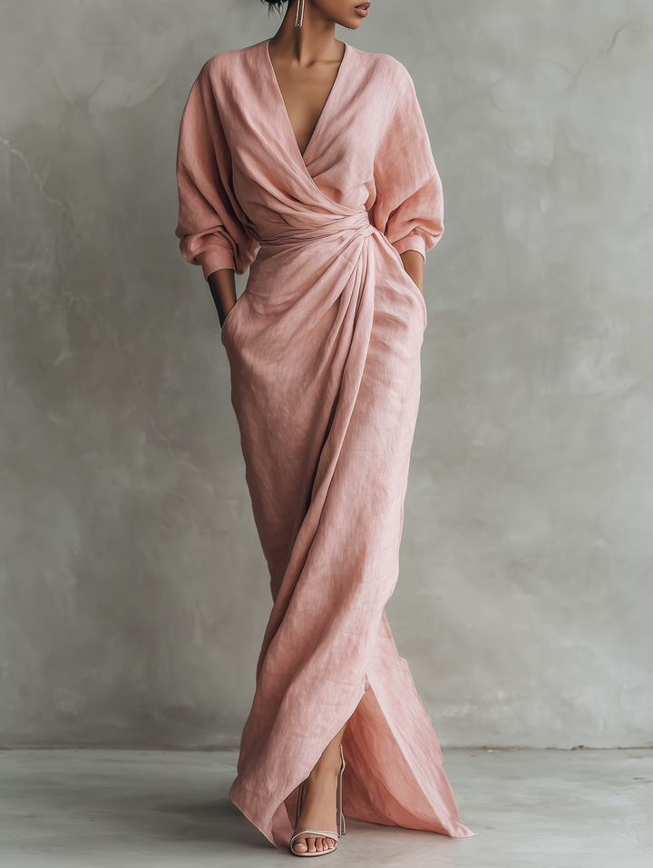 Dress Women V-Neck Linen Blend Maxi – Summer