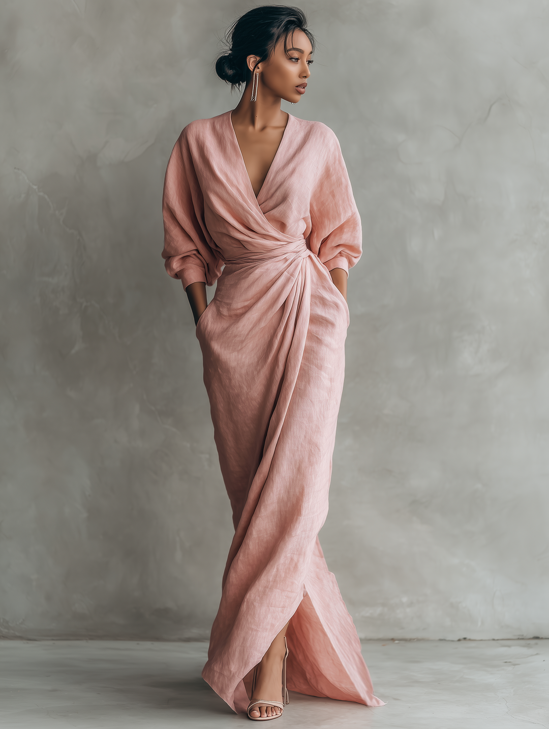 Dress Women V-Neck Linen Blend Maxi – Summer