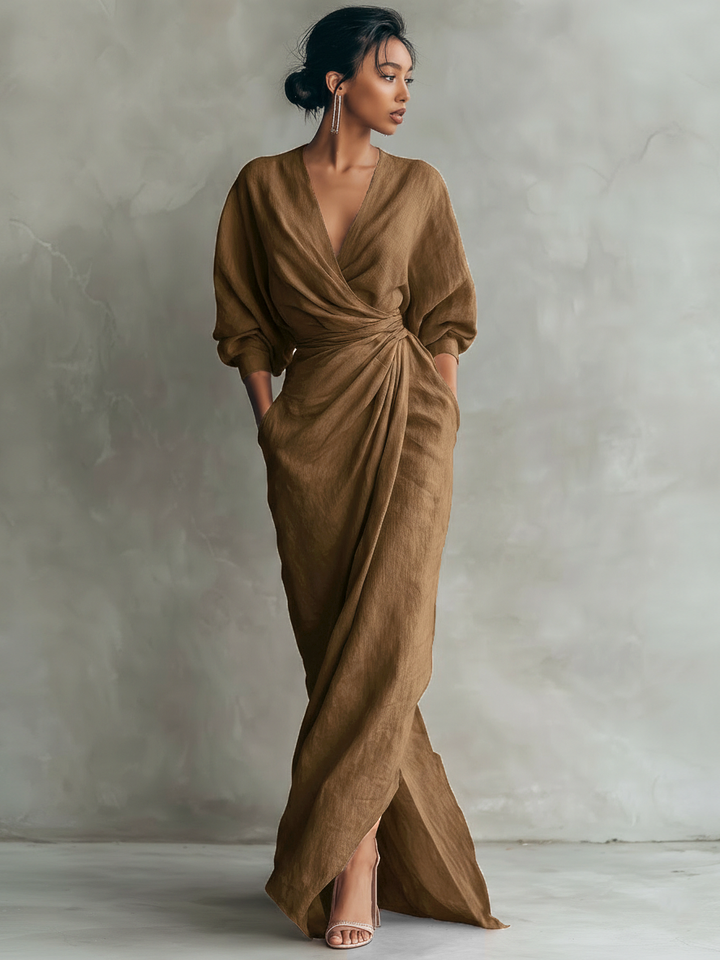 Dress Women V-Neck Linen Blend Maxi – Summer