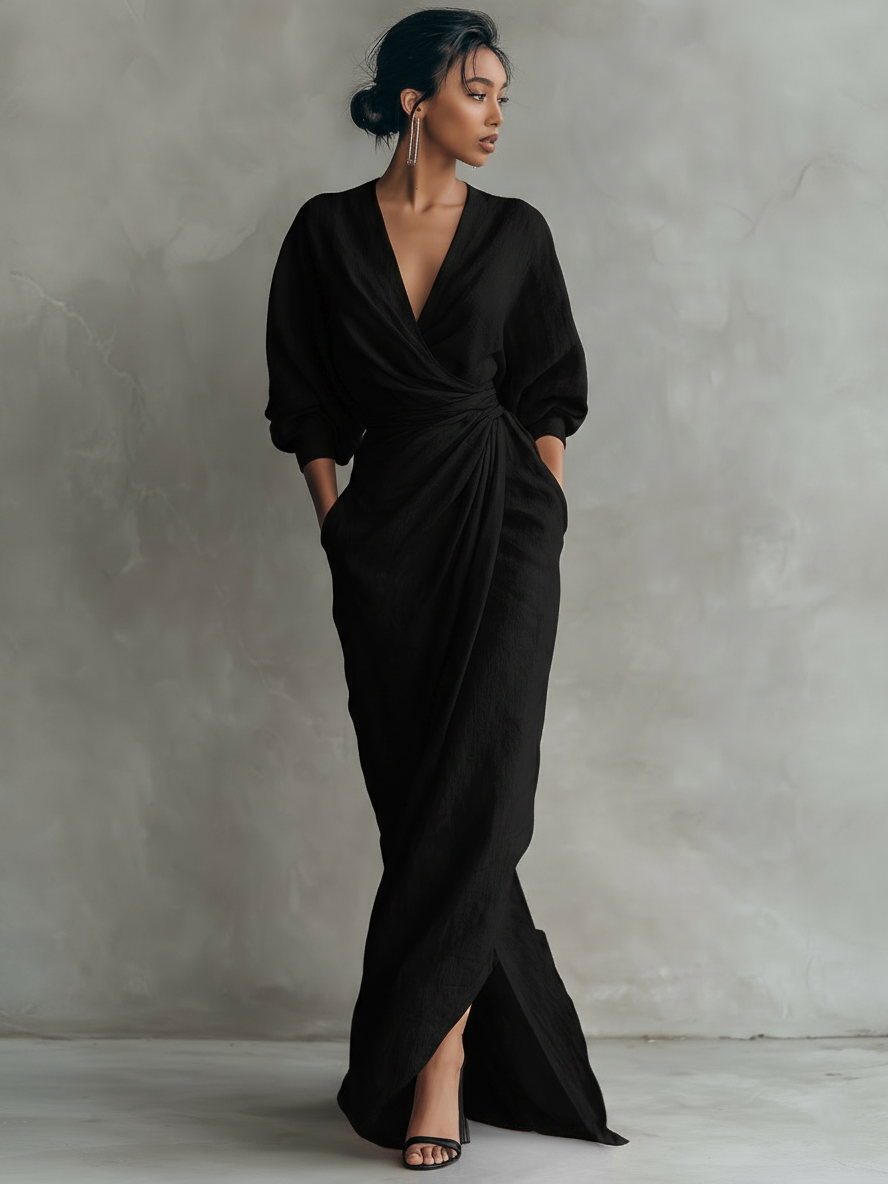 Dress Women V-Neck Linen Blend Maxi – Summer