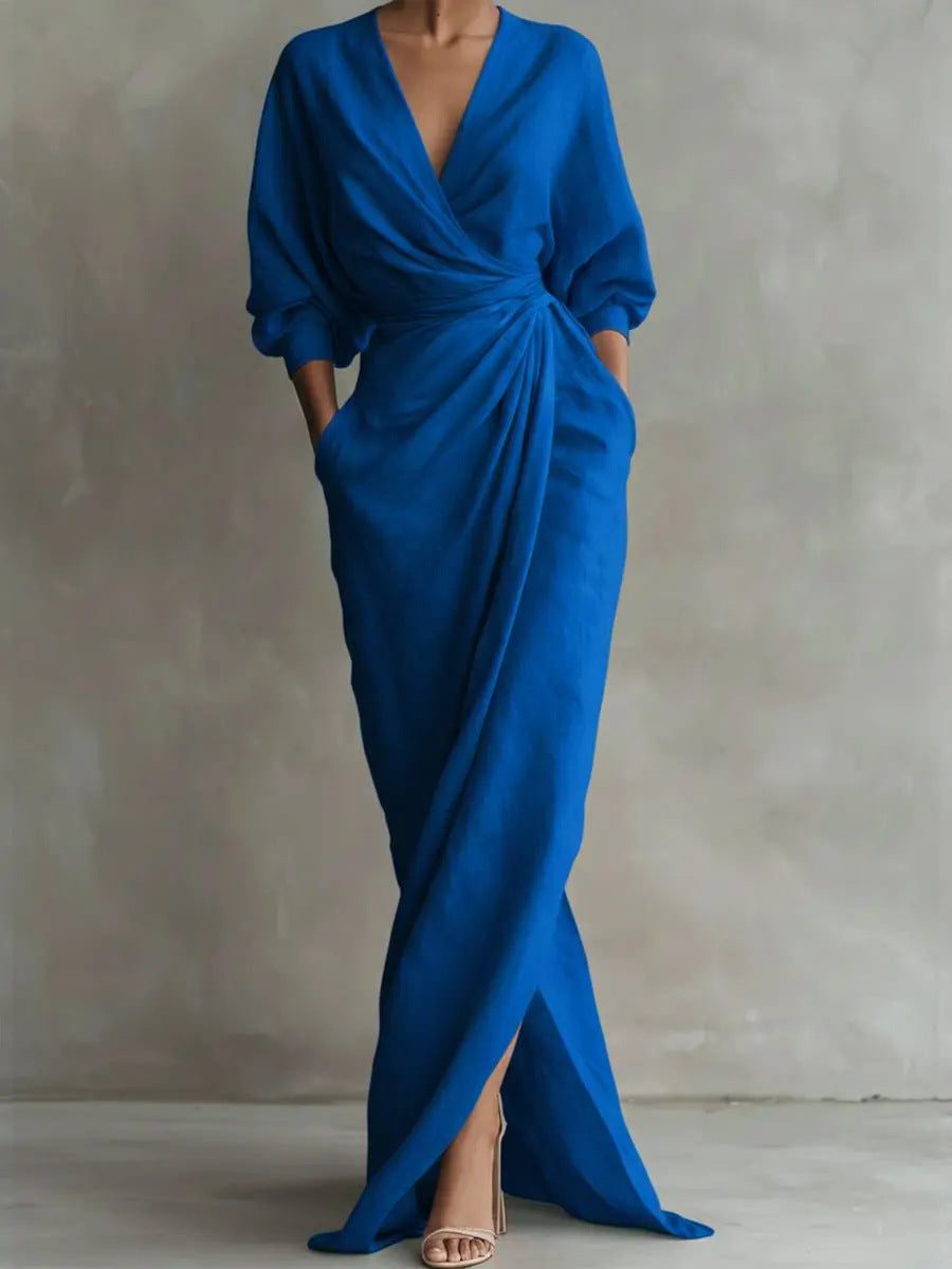 Dress Women V-Neck Linen Blend Maxi – Summer