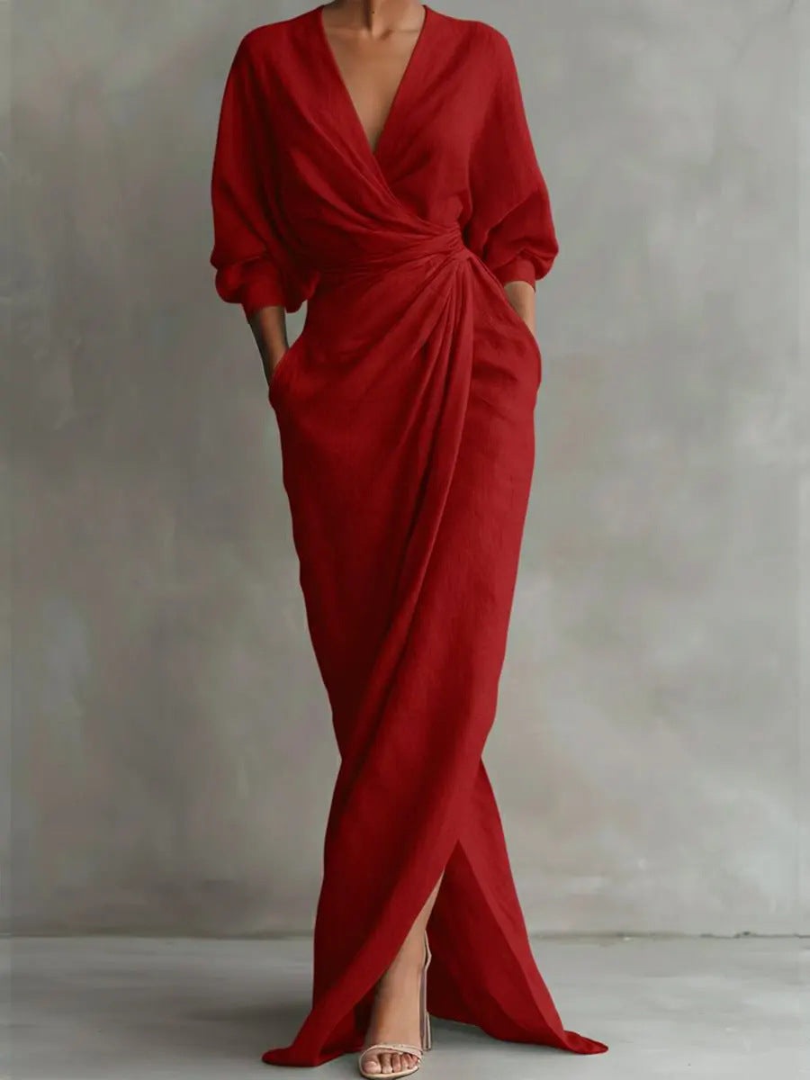 Dress Women V-Neck Linen Blend Maxi – Summer
