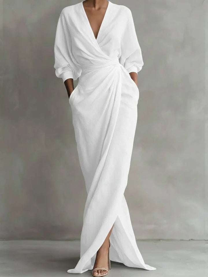 Dress Women V-Neck Linen Blend Maxi – Summer
