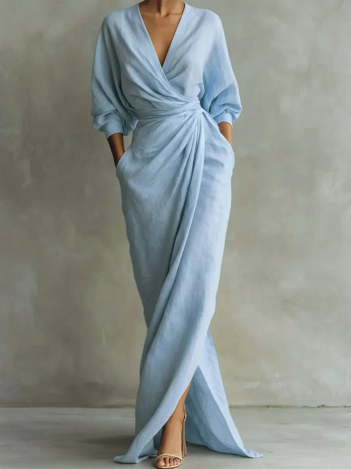 Dress Women V-Neck Linen Blend Maxi – Summer