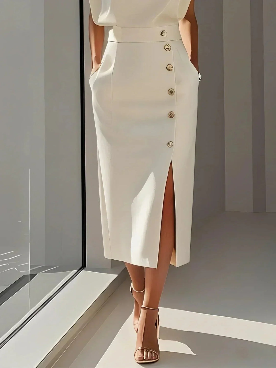 Dress Women Midi Cap Sleeve Round Neck Button Split – Office