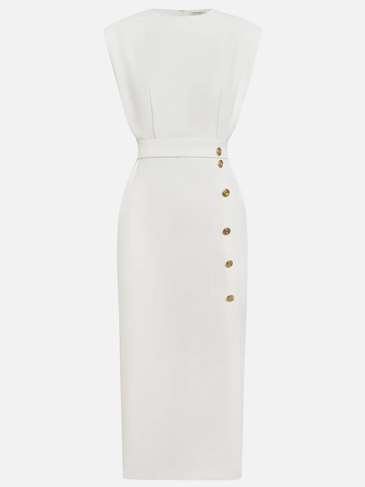 Dress Women Midi Cap Sleeve Round Neck Button Split – Office