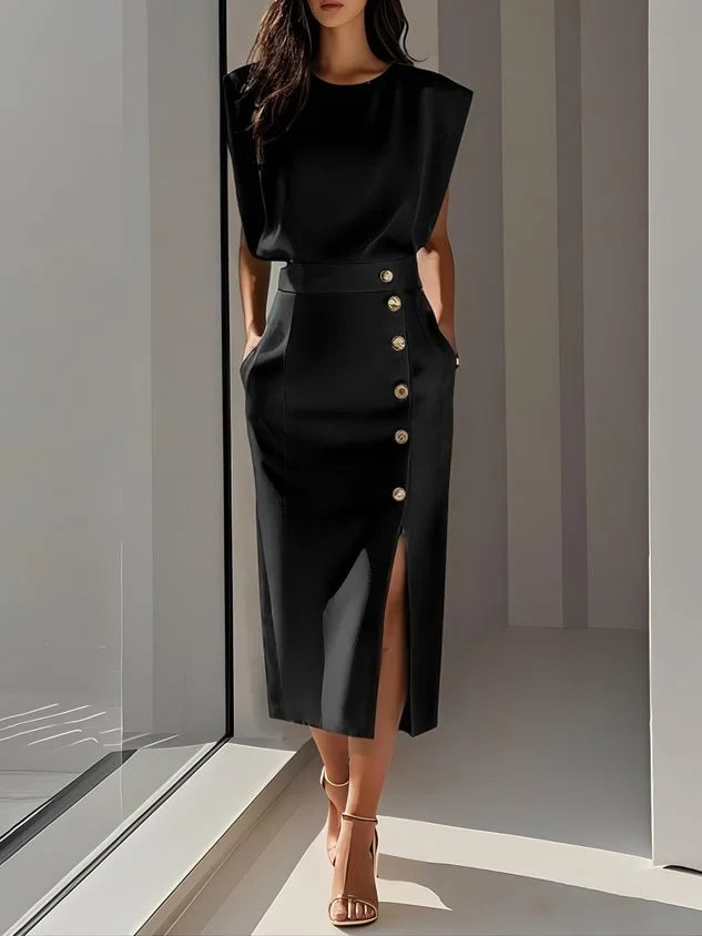 Dress Women Midi Cap Sleeve Round Neck Button Split – Office