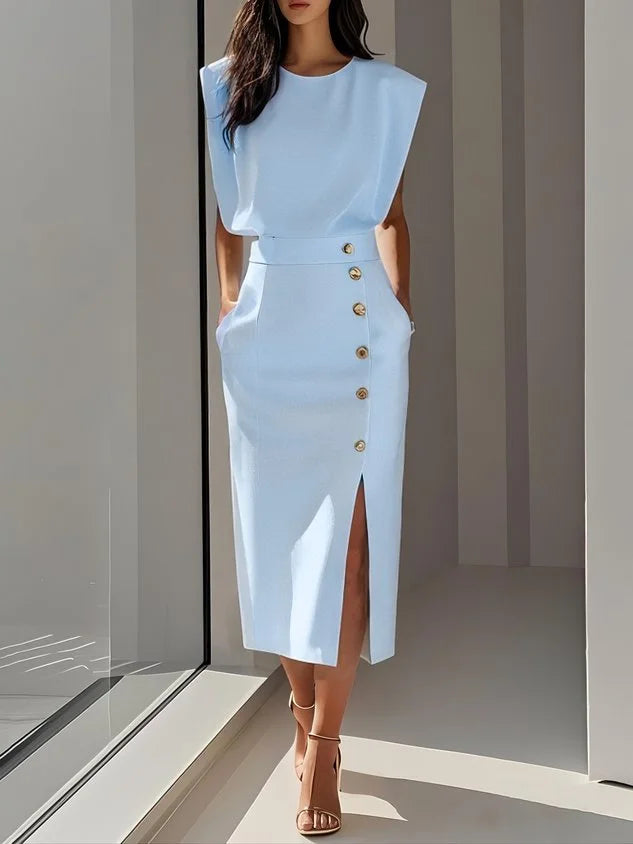 Dress Women Midi Cap Sleeve Round Neck Button Split – Office