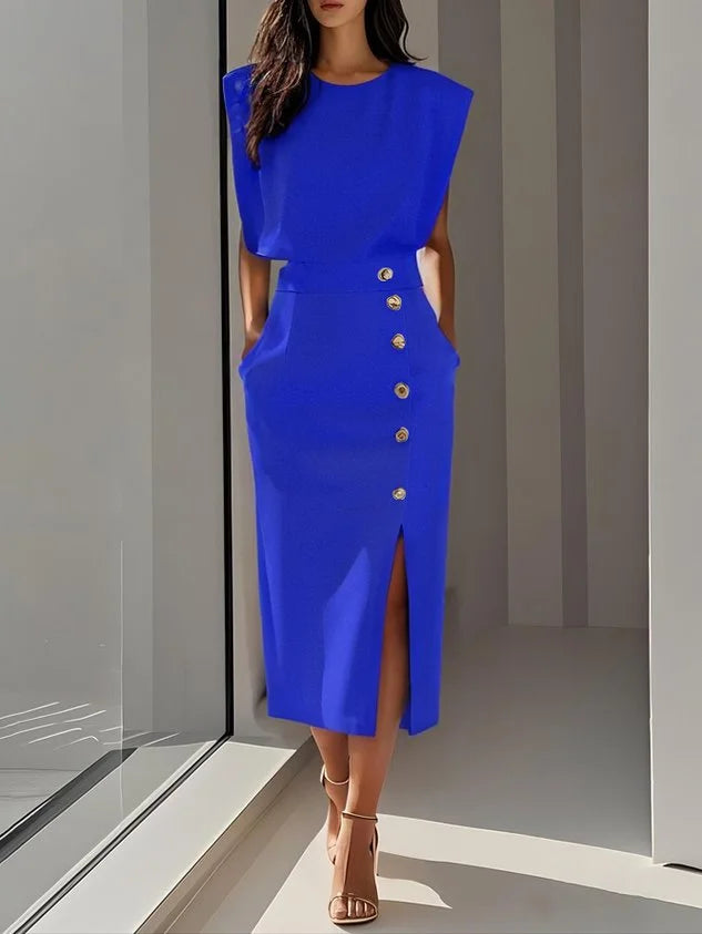 Dress Women Midi Cap Sleeve Round Neck Button Split – Office