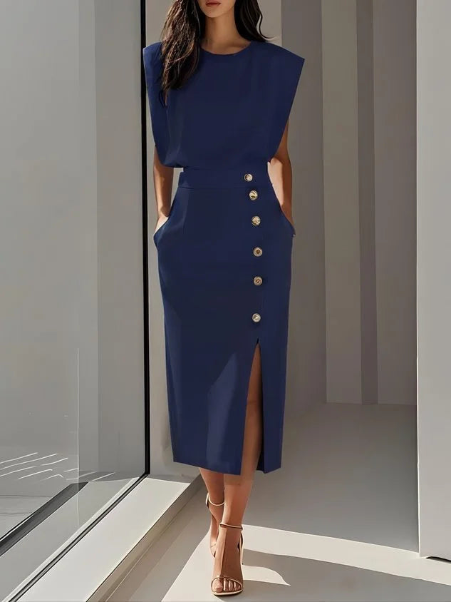 Dress Women Midi Cap Sleeve Round Neck Button Split – Office