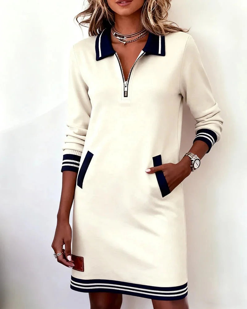 Dress Women Knitted Midi Zip Collar Stripe Detail – Office
