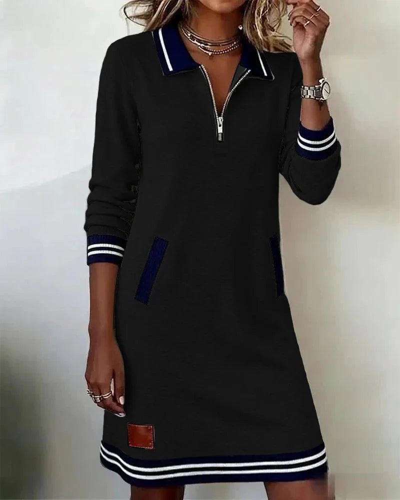 Dress Women Knitted Midi Zip Collar Stripe Detail – Office