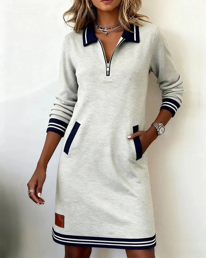 Dress Women Knitted Midi Zip Collar Stripe Detail – Office