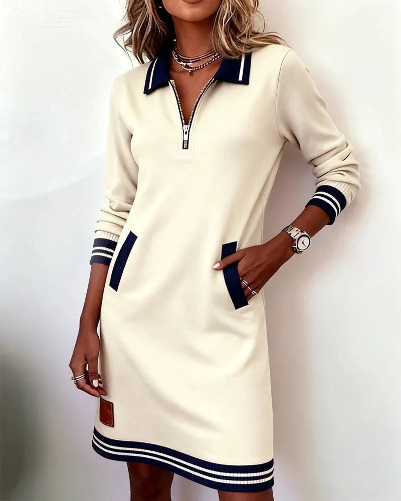 Dress Women Knitted Midi Zip Collar Stripe Detail – Office