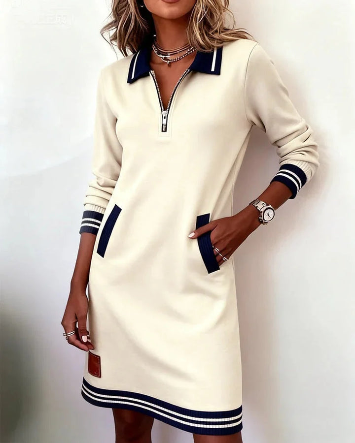 Dress Women Knitted Midi Zip Collar Stripe Detail – Office