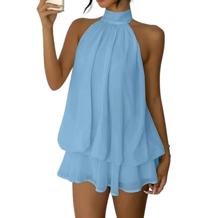 Dress Women Halter Neck Layered Ruffles Open Back – Summer