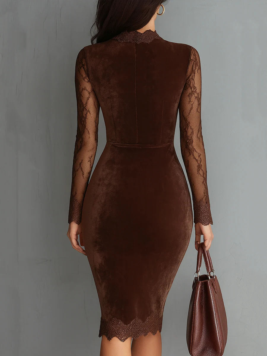 Dress Women Mini Velvet Lace Sleeve Keyhole – Party