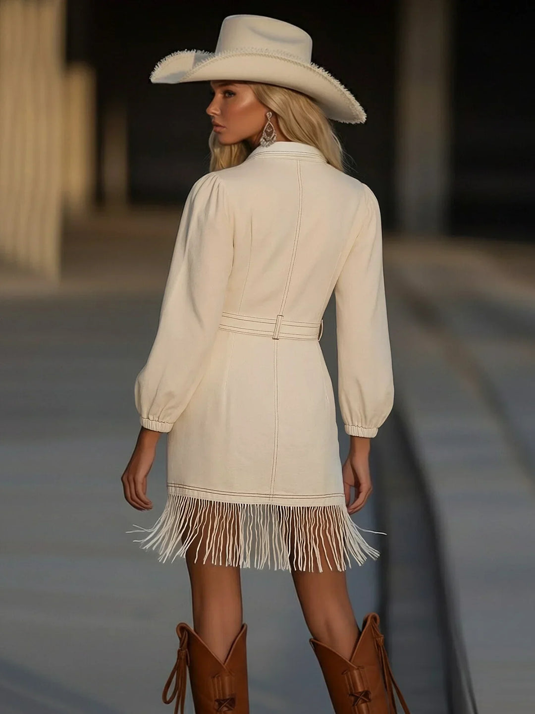 Dress Women Denim Mini Fringes Collar Puff Sleeves – Party