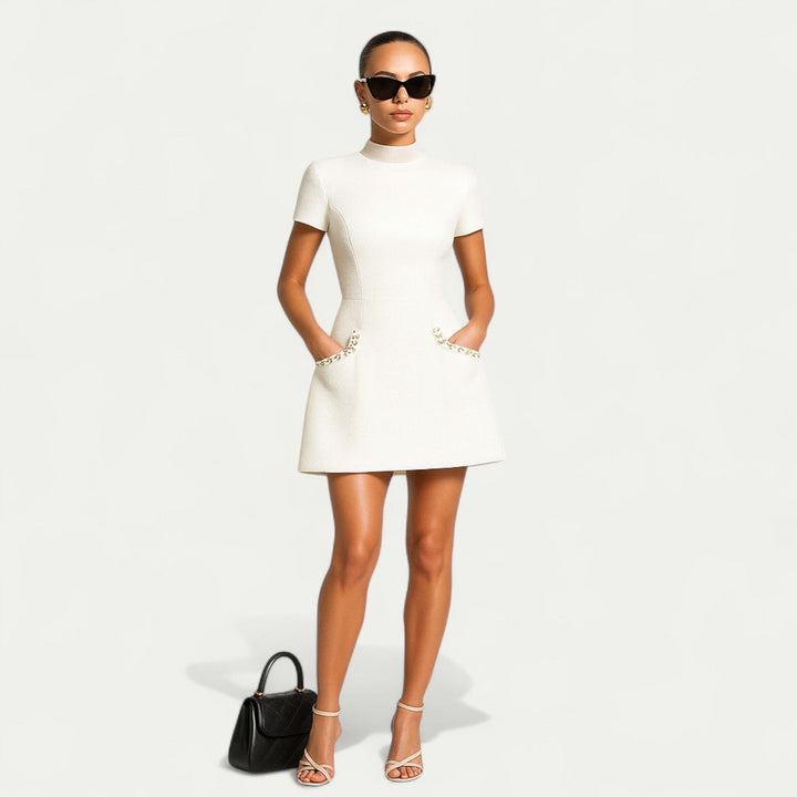 Dress Women Mini with Pearl Trim and Pockets – Party