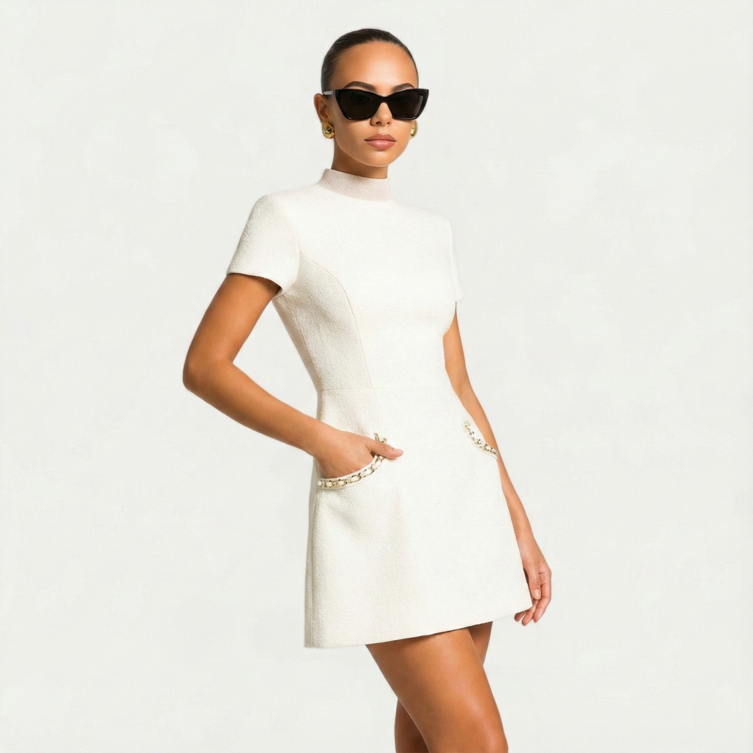 Dress Women Mini with Pearl Trim and Pockets – Party