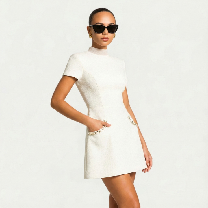 Dress Women Mini with Pearl Trim and Pockets – Party