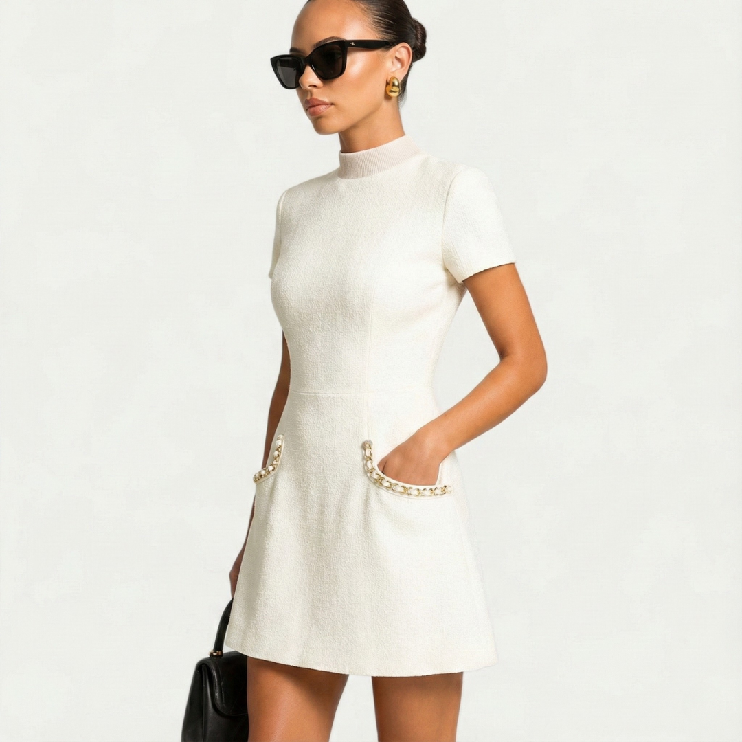 Dress Women Mini with Pearl Trim and Pockets – Party