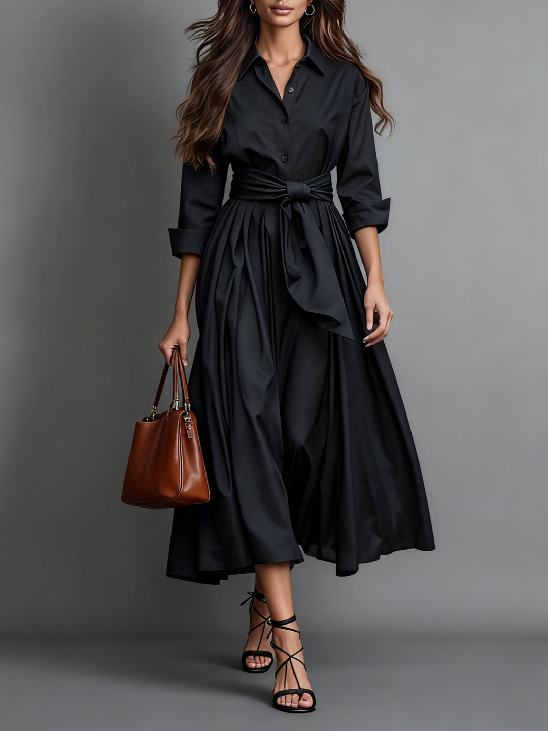 Dress Women A-Line Maxi with Belt – Casual