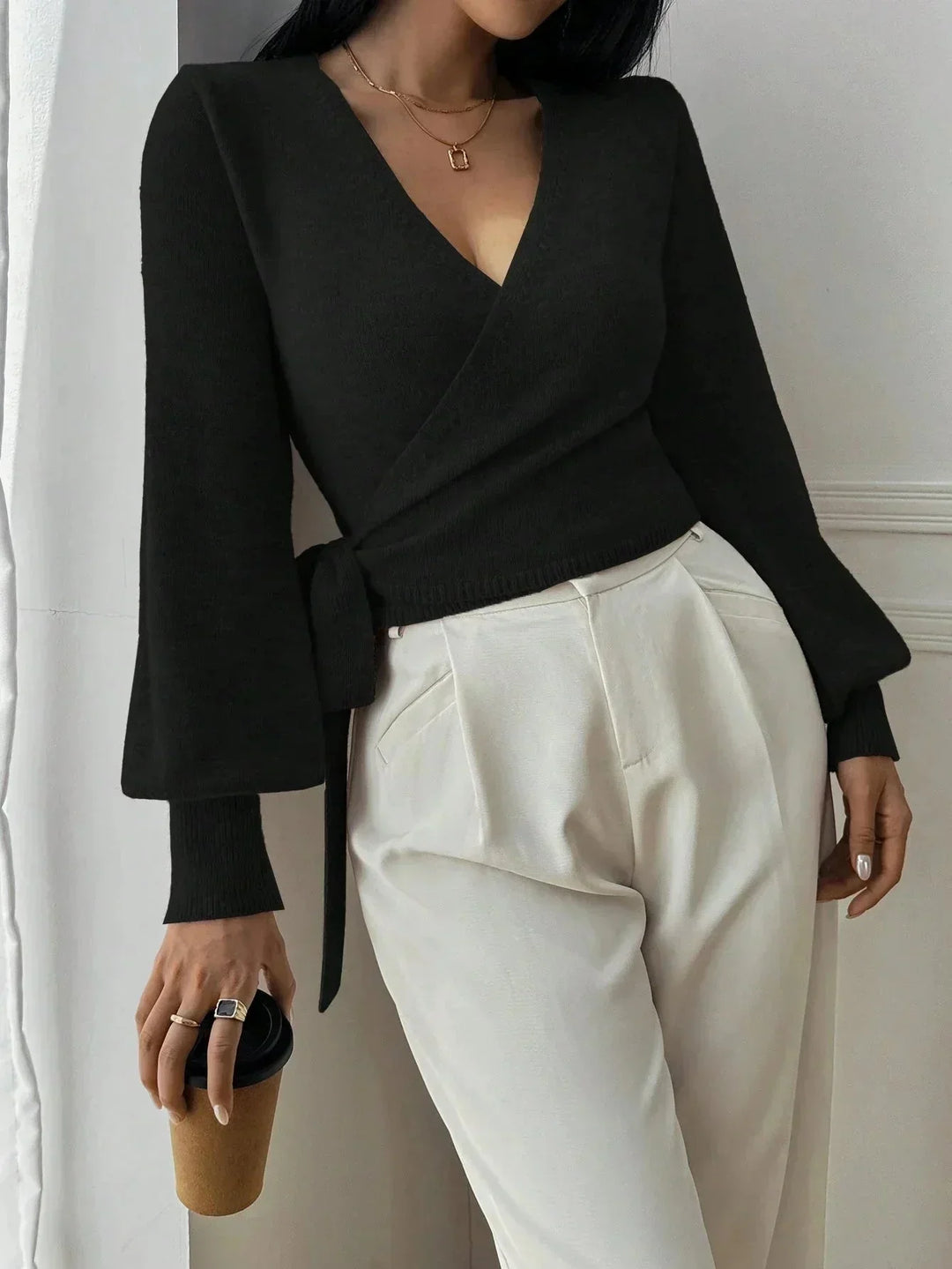 Jumper Women Knitted Wrap with Tie Belt – Casual