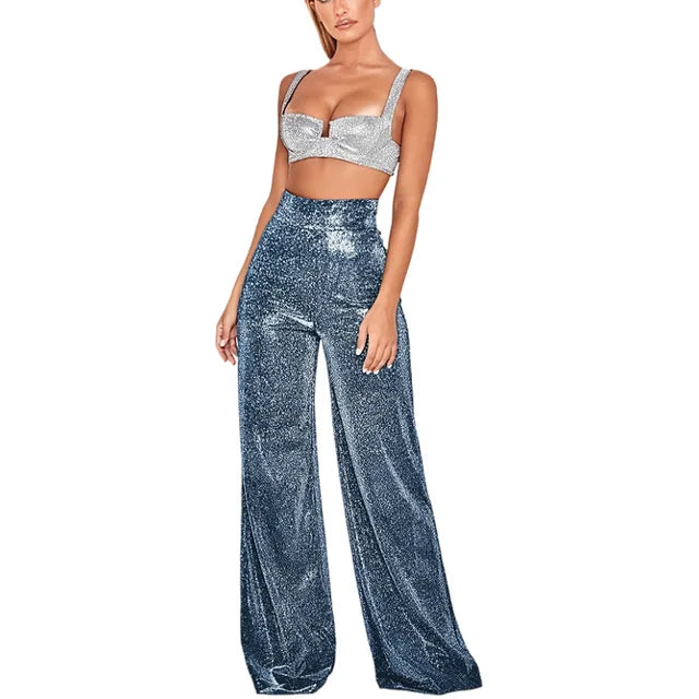 Trousers Women Flared Glitter High Waist – Party