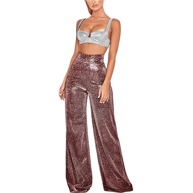 Trousers Women Flared Glitter High Waist – Party