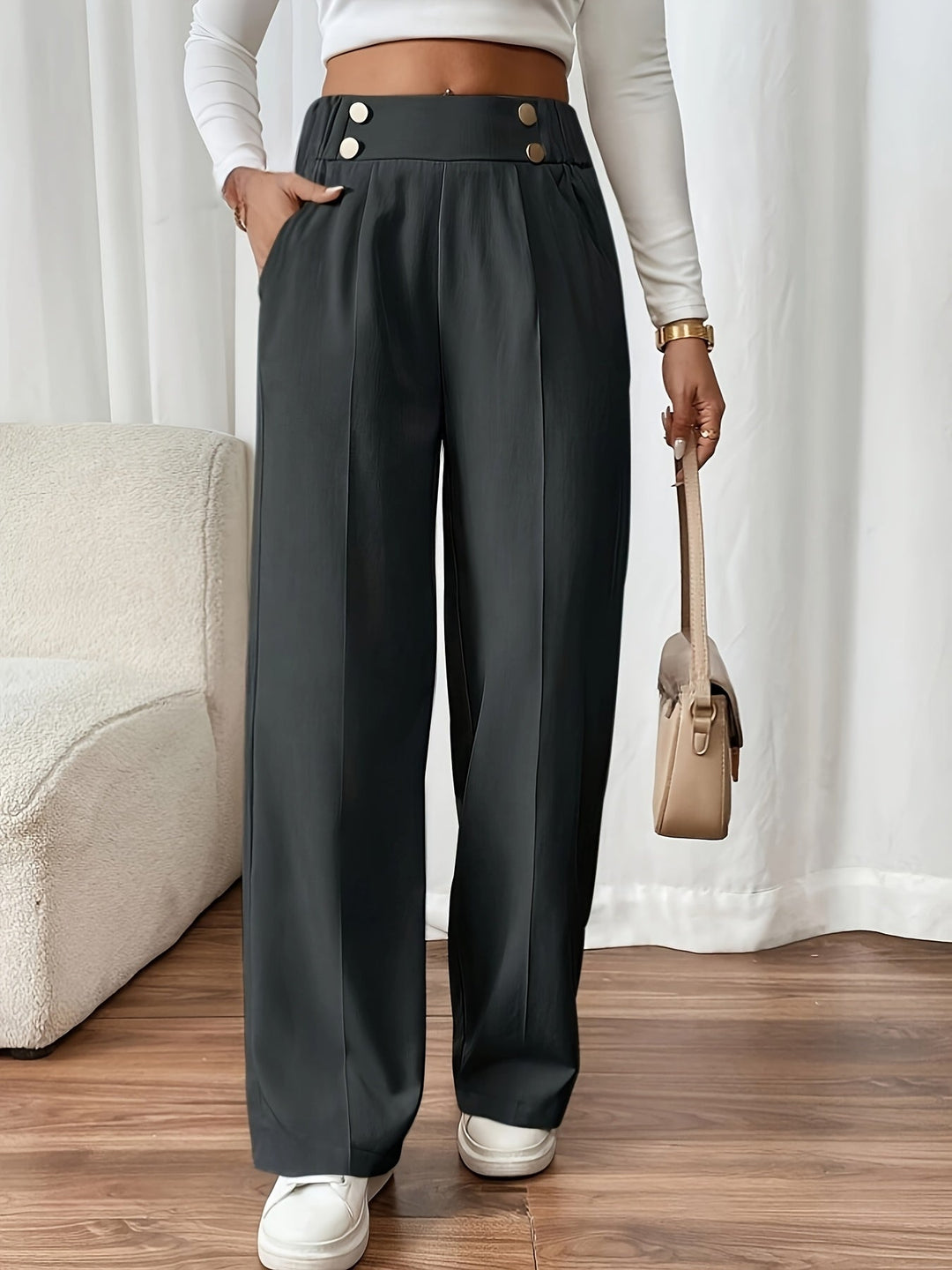 Trousers Women High Waist Decorative Buttons – Office