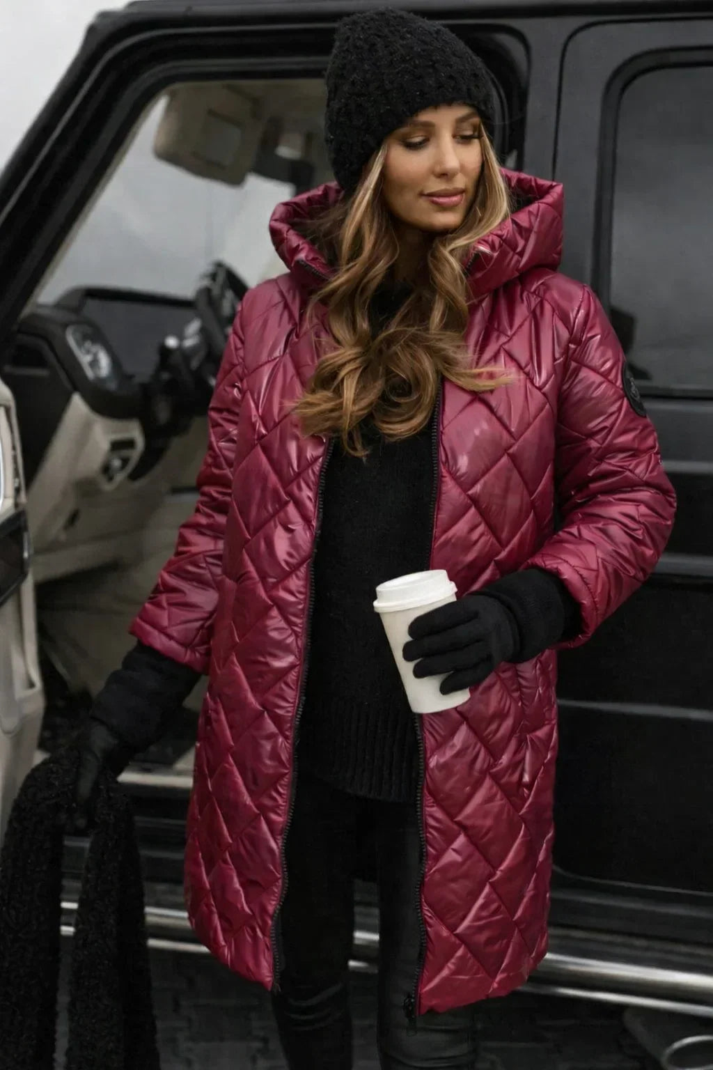 Jacket Women Long Metallic Puffer with Hood – Winter