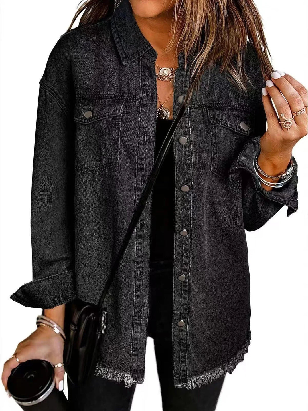 Jacket Women Oversized Distressed Denim Frayed Hem – Casual