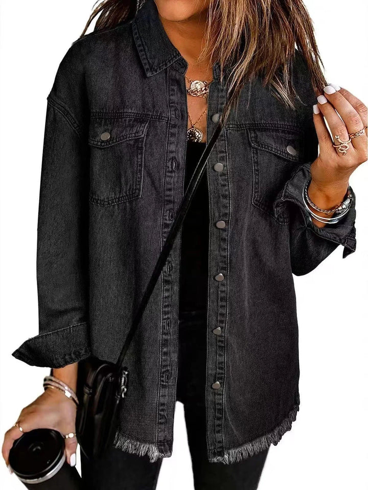 Jacket Women Oversized Distressed Denim Frayed Hem – Casual