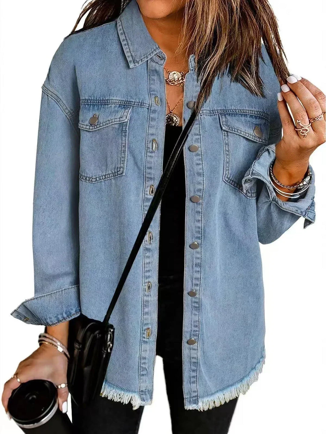 Jacket Women Oversized Distressed Denim Frayed Hem – Casual