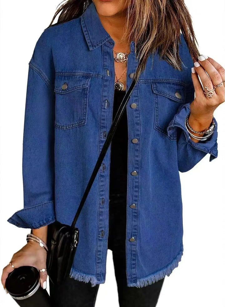 Jacket Women Oversized Distressed Denim Frayed Hem – Casual